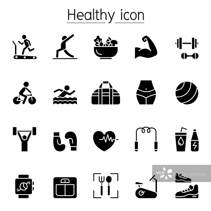 健身与健康图标集，采用细线风格图片素材