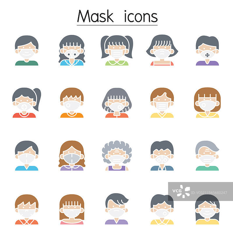 佩戴医疗口罩的人物图标集图片素材