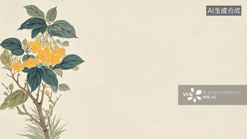 【AI数字艺术】水墨画居左1黄色花朵与绿叶的植物插画图片素材