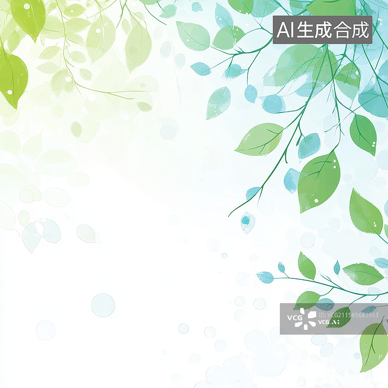 【AI数字艺术】绿叶与蓝色水滴背景图片素材
