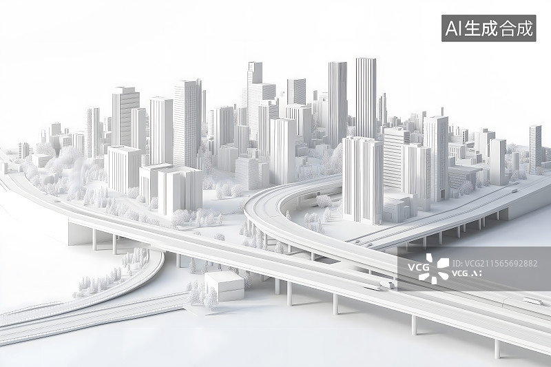 【AI数字艺术】城市现代建筑的高角度透视，三维立体城市建筑模型，城市景观3d模型白模图片素材