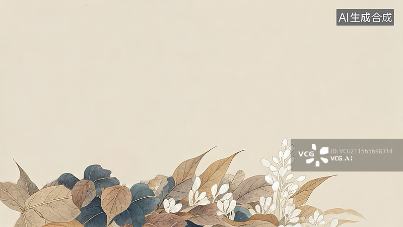 【AI数字艺术】水墨画居下1秋叶与花朵的装饰图案图片素材
