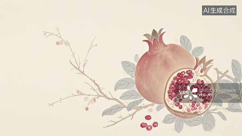 【AI数字艺术】水墨画居右1石榴与枝条的静物画图片素材