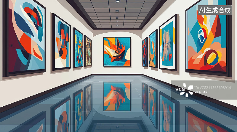 【AI数字艺术】世界知识产权日美术馆画廊墙上挂着精美的画作图片素材