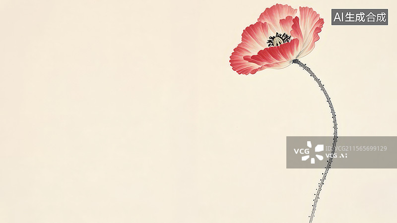 【AI数字艺术】水墨画居右1单朵红色罂粟花图片素材