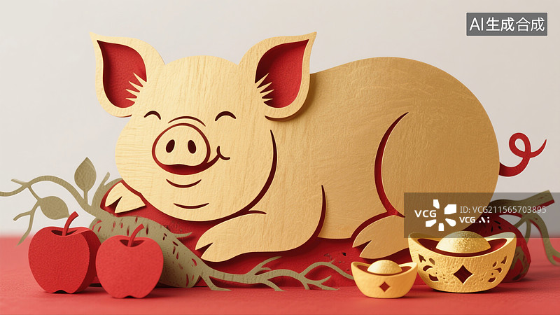 【AI数字艺术】非遗文化艺术十二生肖剪纸插画金猪与农产品水果和金元宝红色新年猪年背景图片素材