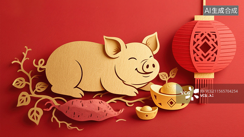 【AI数字艺术】非遗文化艺术十二生肖剪纸插画金猪猪年。胖乎乎小猪慵懒地躺在地瓜藤旁金元宝灯笼红色喜庆背景图片素材