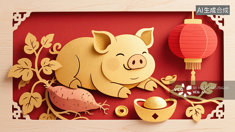 【AI数字艺术】非遗文化艺术十二生肖剪纸插画金猪猪年。胖乎乎小猪慵懒地躺在地瓜藤旁金元宝灯笼红色喜庆背景图片素材