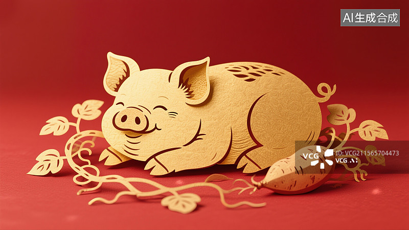 【AI数字艺术】非遗文化艺术十二生肖剪纸插画金猪猪年新年胖乎乎小猪慵懒地躺在地瓜藤旁统民间艺术与现代设计红色背景财富图片素材