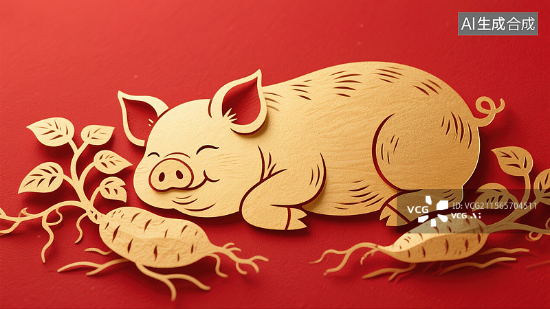【AI数字艺术】非遗文化艺术十二生肖剪纸插画金猪猪年新年胖乎乎小猪慵懒地躺在地瓜藤旁统民间艺术与现代设计红色背景财富图片素材