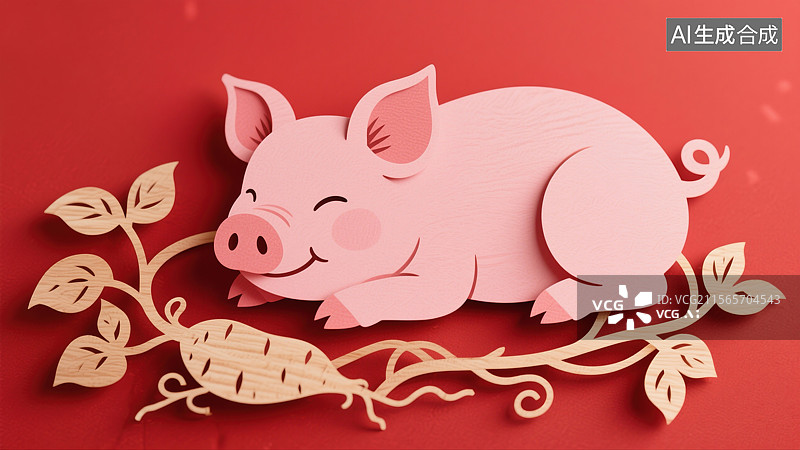 【AI数字艺术】非遗文化艺术十二生肖剪纸插画金猪猪年新年胖乎乎小猪慵懒地躺在地瓜藤旁统民间艺术与现代设计红色背景财富图片素材