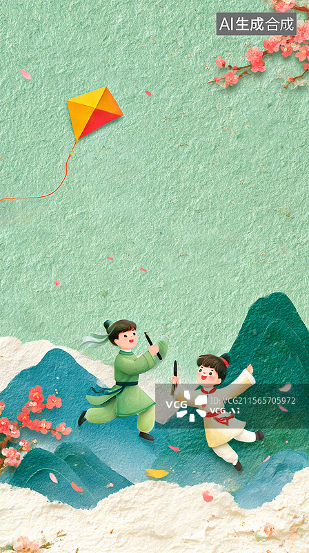 【AI数字艺术】山坡上放风筝穿汉服的儿童图片素材