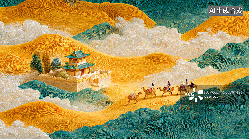 【AI数字艺术】金色沙漠塞外城楼和骆驼队图片素材