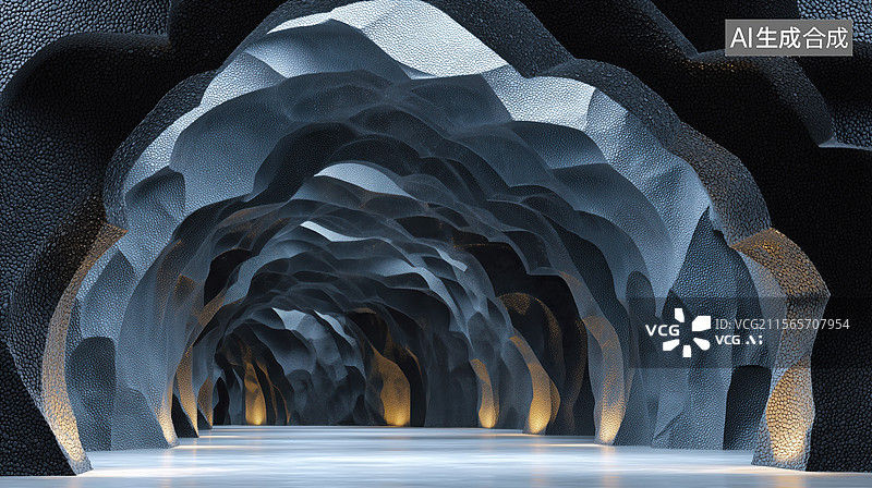 【AI数字艺术】抽象神秘黑色多面体石材的洞穴岩洞3D立体插画图片素材