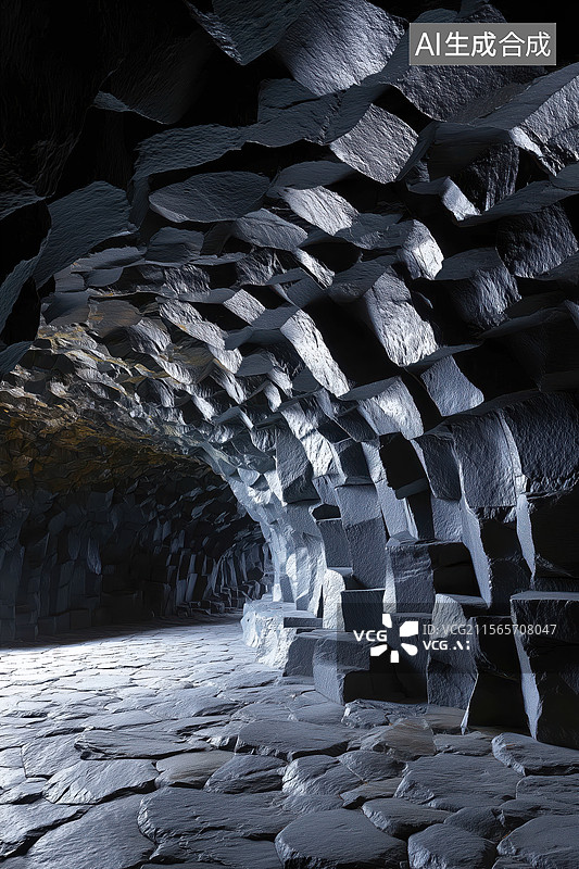 【AI数字艺术】抽象神秘黑色多面体石材的洞穴岩洞3D立体插画图片素材