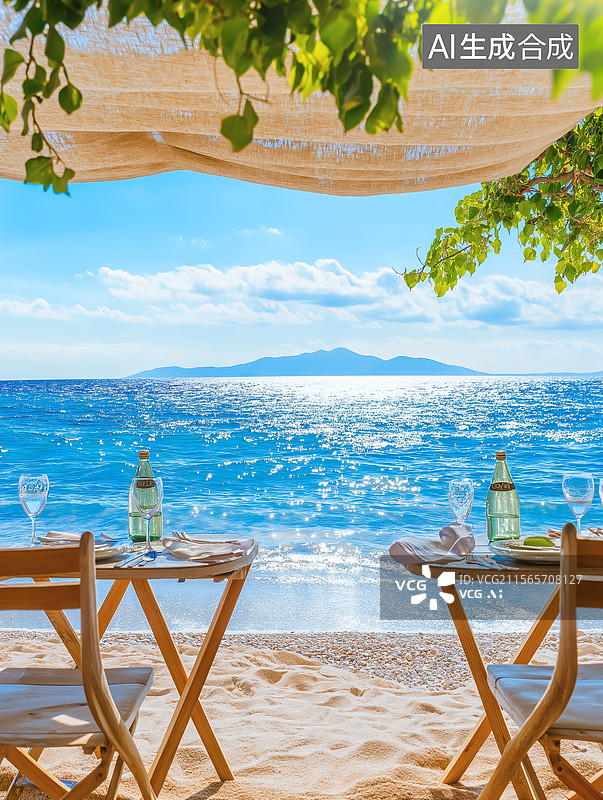 【AI数字艺术】海滩上的浪漫午餐图片素材