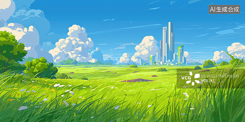 【AI数字艺术】夏日晴朗开满鲜花的草地远处的现代城市高楼手绘插画图片素材