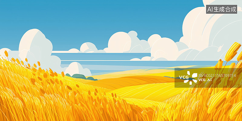 【AI数字艺术】夏日晴朗蓝天下一望无际的金黄色的麦田手绘插画图片素材