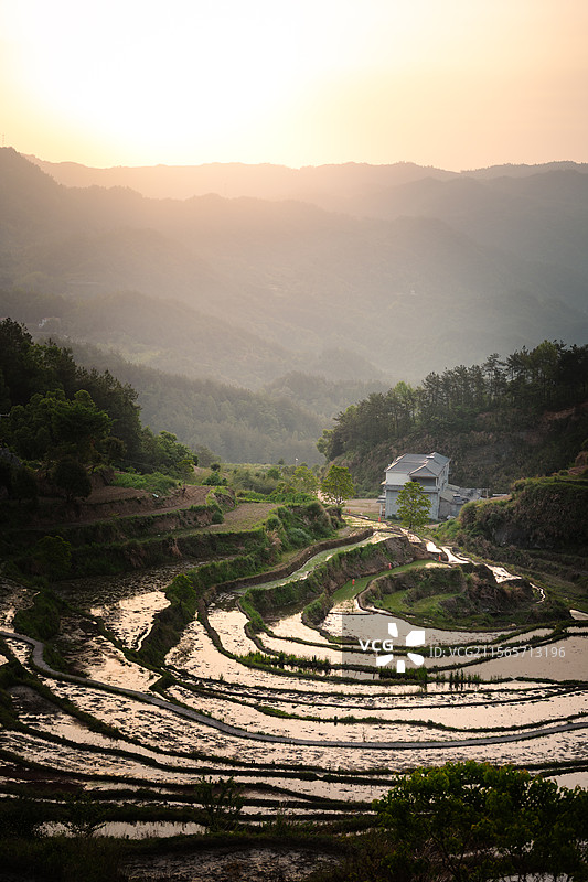 黄冈市蕲春县的雾云山梯田在晨曦中迎来新的一天图片素材
