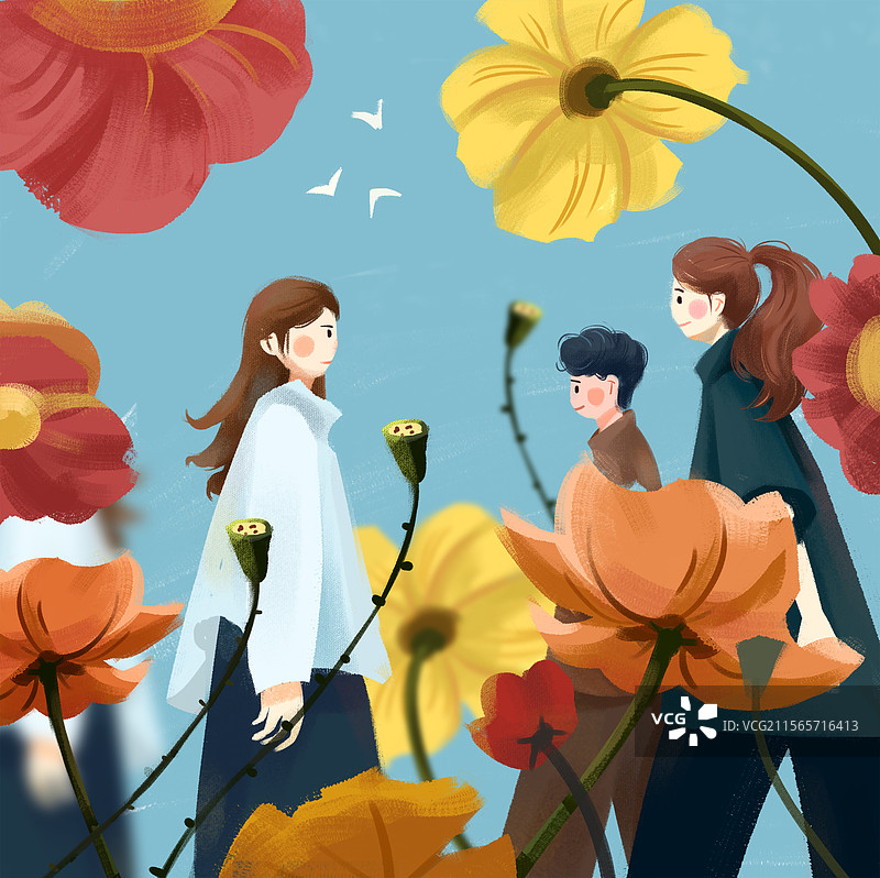 行走在花丛中的人物插画手绘图片素材