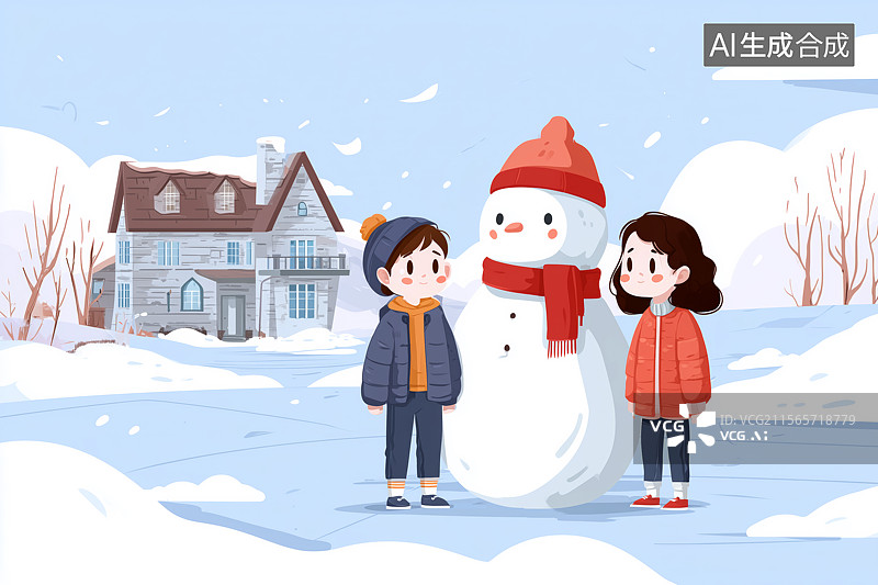 【AI数字艺术】两个儿童在堆雪人插画图片素材