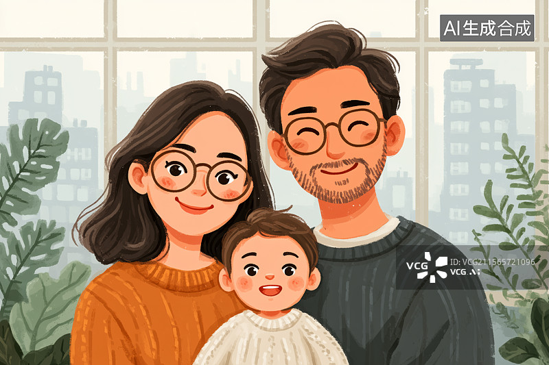 【AI数字艺术】幸福的一家三口插画图片素材