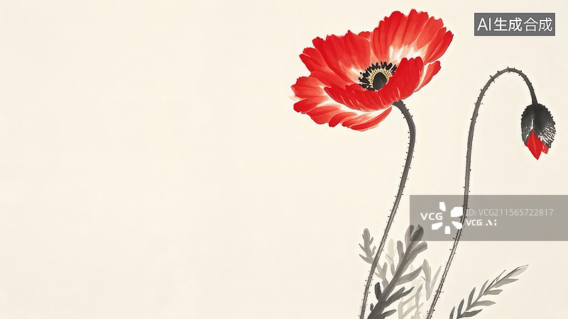 【AI数字艺术】水墨画居右1红色罂粟花水墨画图片素材