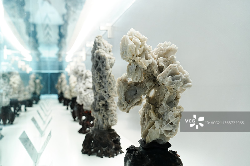 昆山亭林园昆石博物馆昆石展厅展柜特写图片素材