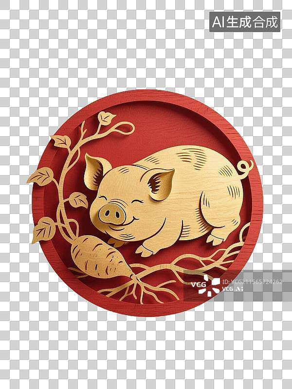 【AI数字艺术】非遗文化艺术十二生肖剪纸插画金色小猪透明元素与地瓜藤图片素材