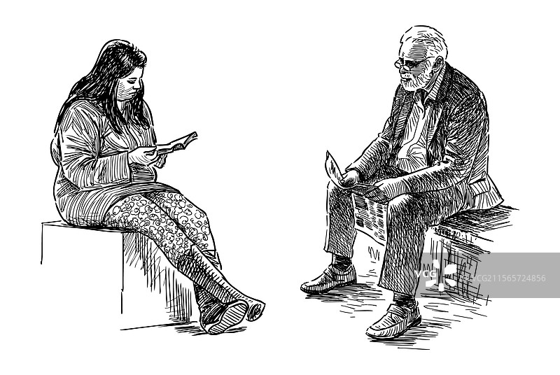 两位休闲市民坐在公园里的素描图片素材