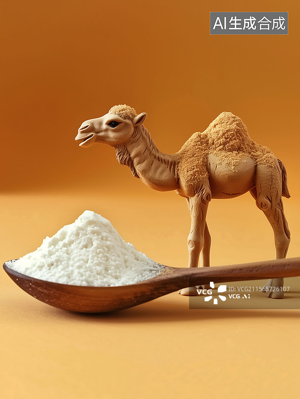 【AI数字艺术】微缩创意骆驼与木勺里的驼奶粉特写图片素材