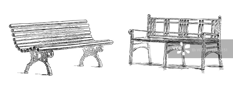 城市中两种不同老旧长椅的素描图片素材