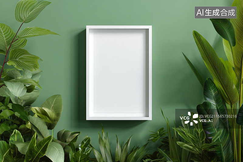 【AI数字艺术】绿植包围的空白相框背景图图片素材
