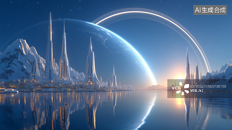 【AI数字艺术】未来科幻建筑与雪山湖泊图片素材