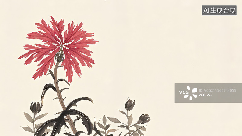【AI数字艺术】水墨画居左1红色菊花与墨色枝叶图片素材