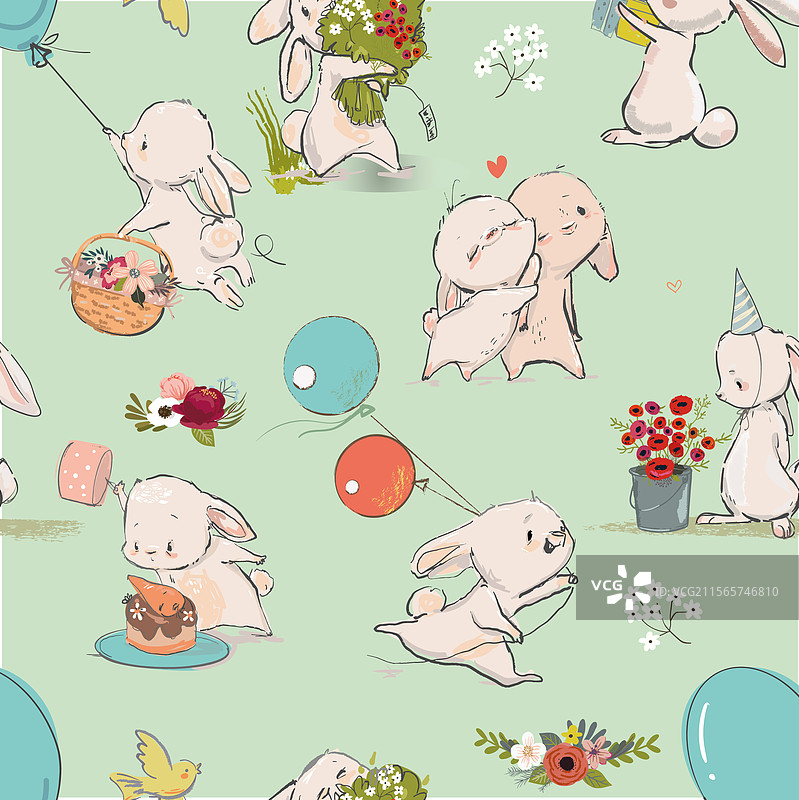 可爱的生日卡通兔子图案与元素图片素材