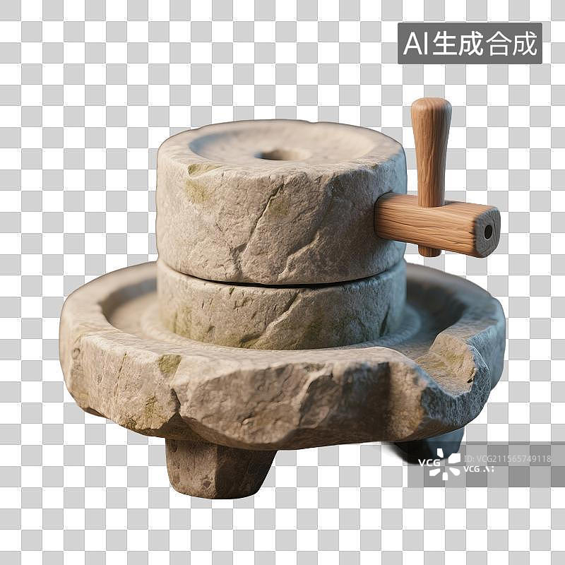 【AI数字艺术】3D渲染，石磨，石碾，免抠元素图片素材