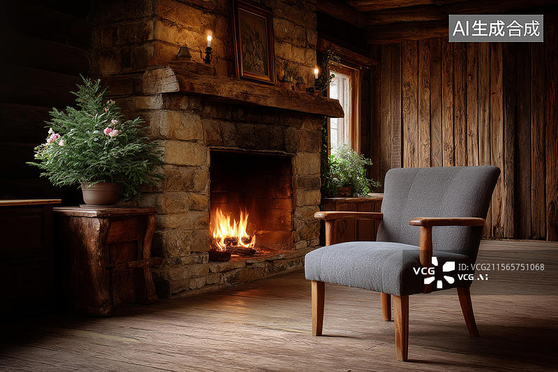 【AI数字艺术】温馨的乡村壁炉房与扶手椅图片素材