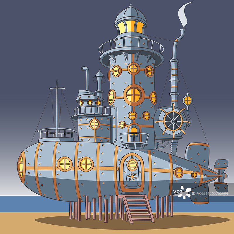 蒸汽朋克风格的灯塔房屋位于潜水艇内图片素材