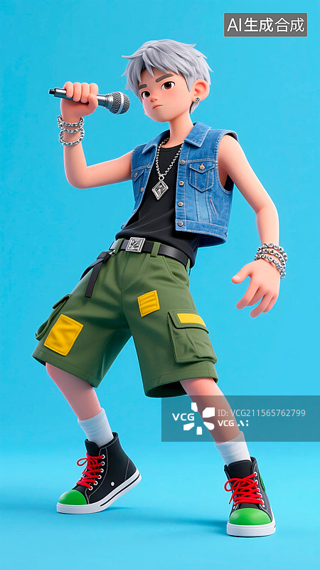 【AI数字艺术】唱歌姿势的3D夏季潮流服装时尚男孩图片素材