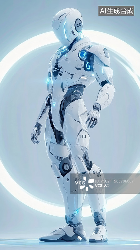 【AI数字艺术】圆形光圈中的未来机器人立姿图片素材