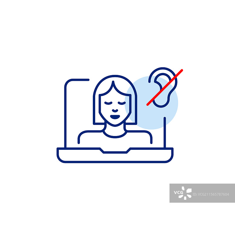 女性在笔记本电脑前，耳机交叉，音频静音。图片素材