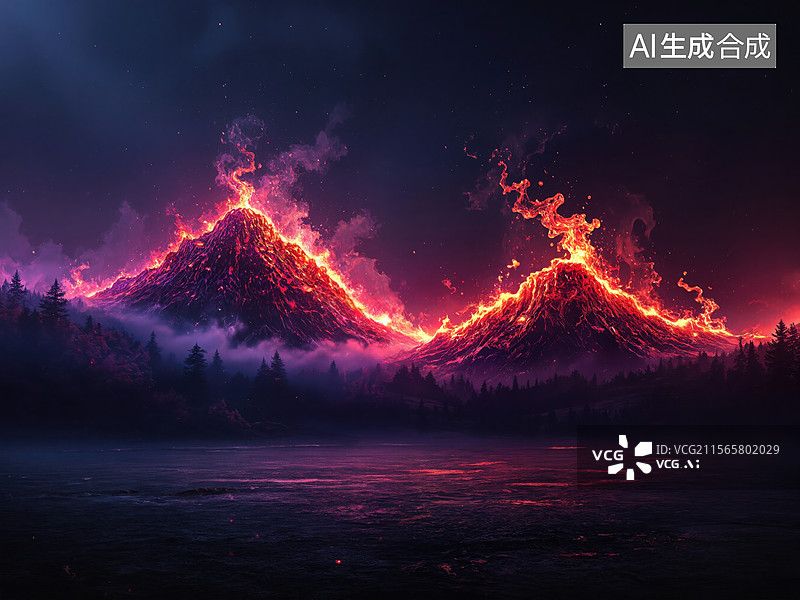 【AI数字艺术】火山喷发夜景图片素材