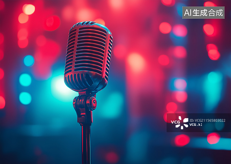 【AI数字艺术】霓虹背景前一支话筒图片素材