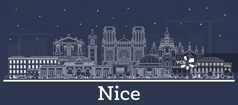法国尼斯城市天际线轮廓，背景为白色图片素材