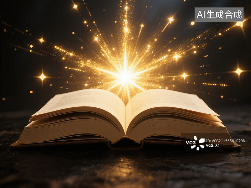 【AI数字艺术】打开的书与闪耀星光图片素材