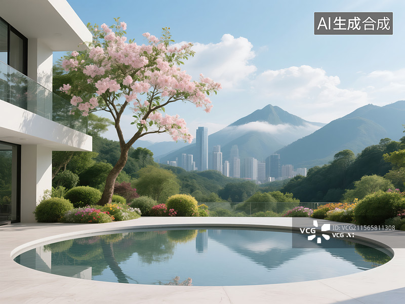 【AI数字艺术】城市旁的宁静自然水景图片素材