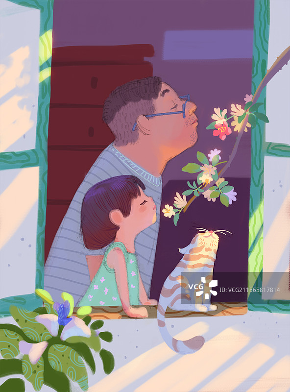 立夏父亲节爸爸和女儿和猫咪在窗台闻花香图片素材