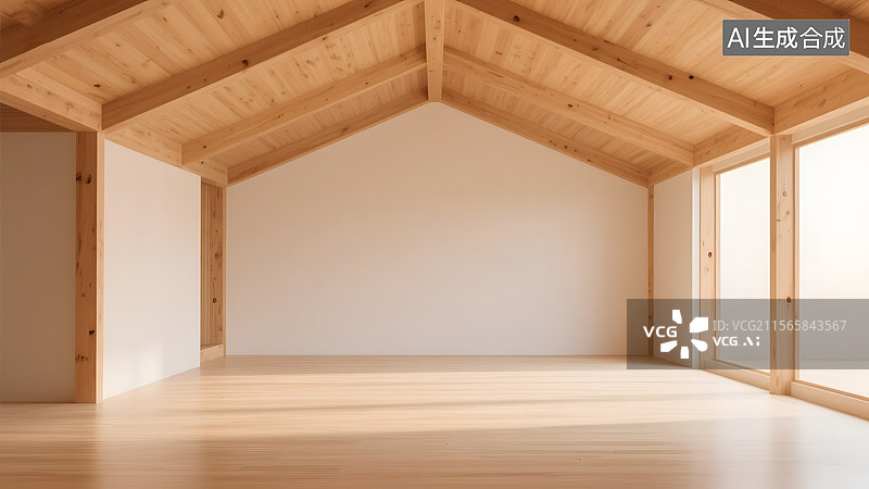 【AI数字艺术】原木结构极简温馨感透视感建筑空间图片素材