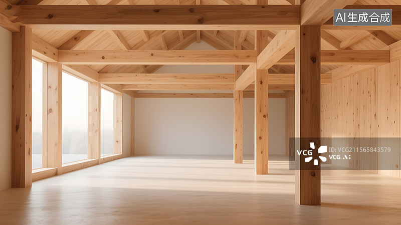 【AI数字艺术】原木结构极简温馨感透视感建筑空间图片素材